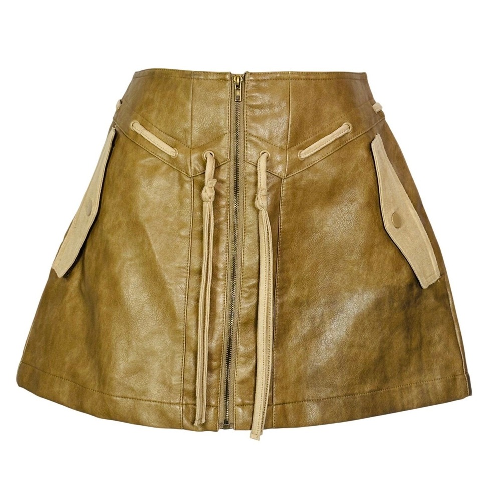 Promesa Camel Faux Leather Mini Skirt Front Zip Tassel Western Boho | Small - Picture 2 of 8